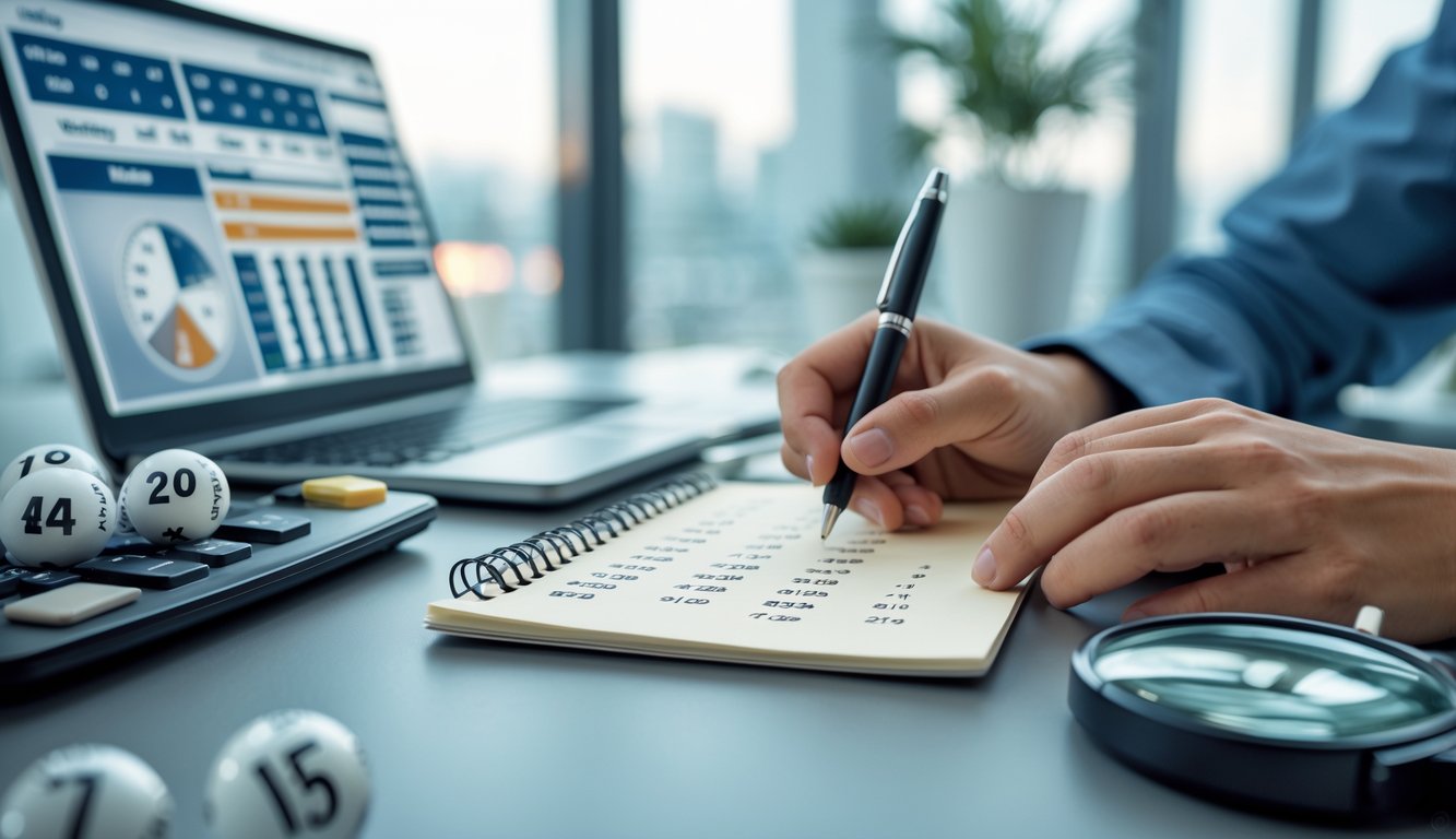 Seseorang menulis angka di notepad dengan laptop dan bola lotere di meja kerja.