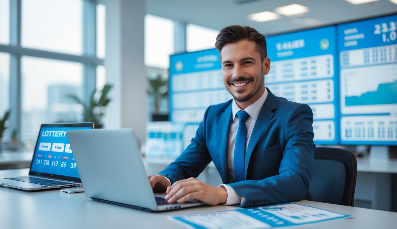 Seorang pebisnis tersenyum duduk di meja kantor modern dengan laptop dan dokumen, layar digital di belakangnya menampilkan grafik dan angka terkait lotere.
