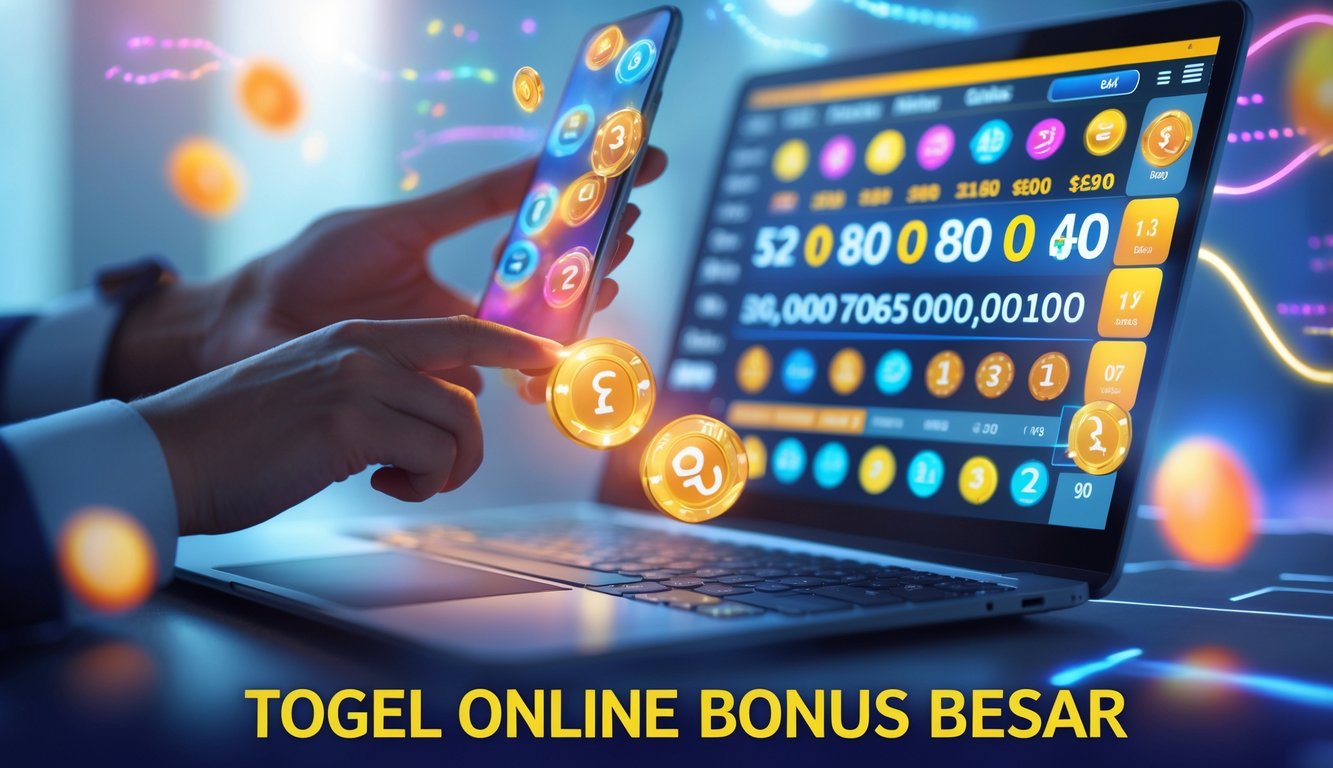 Tangan seseorang menggunakan ponsel dengan tampilan angka togel dan ikon bonus di layar, menunjukkan suasana kemenangan dan hadiah besar.