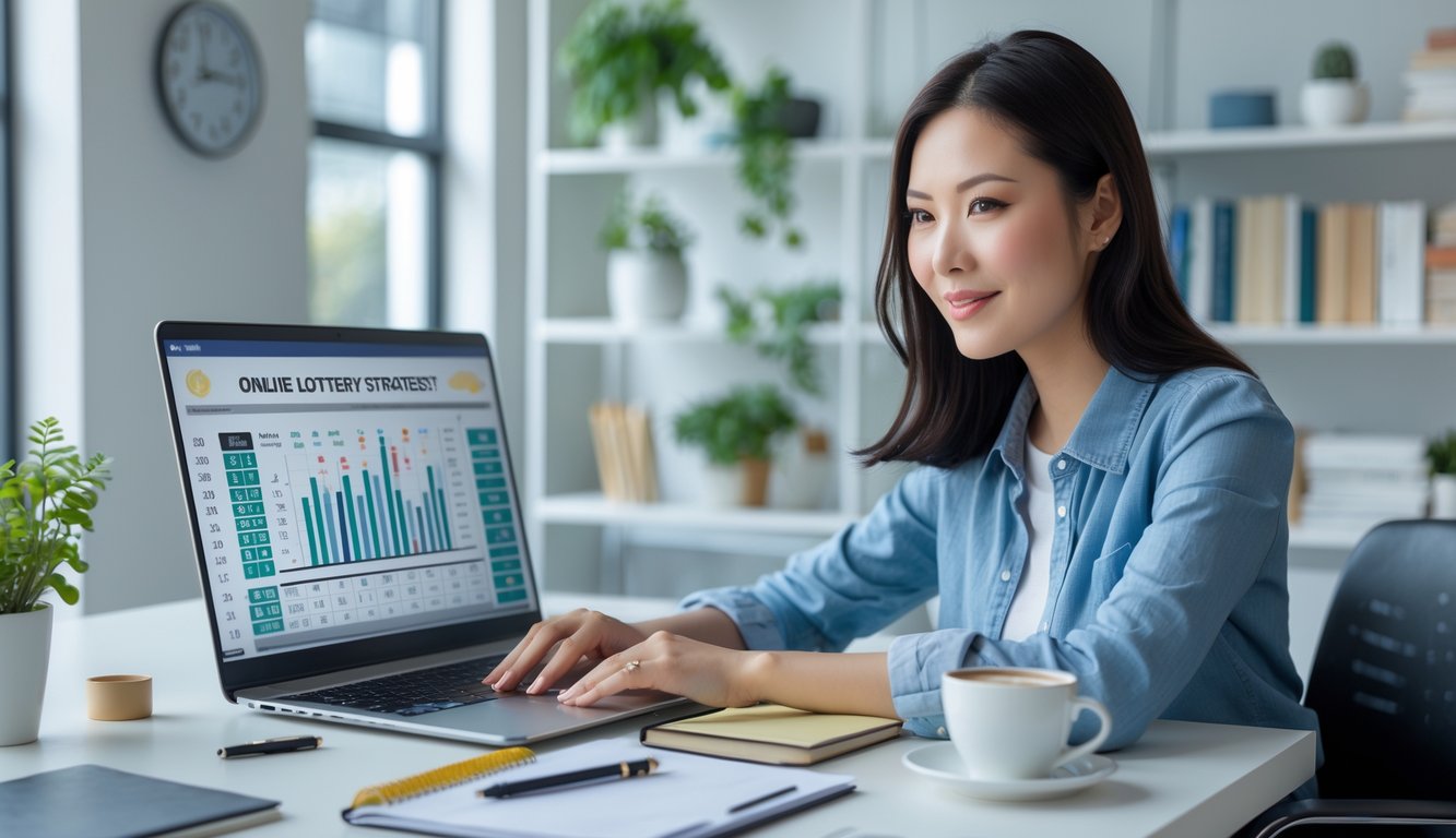 Seorang wanita muda duduk di meja dengan laptop, fokus menganalisis data di ruang kerja yang rapi dan terang.