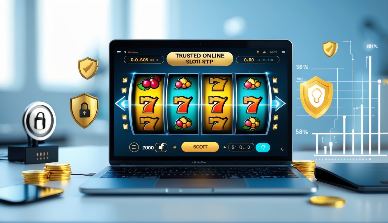 Seorang pengguna bekerja dengan laptop yang menampilkan permainan slot online dengan simbol klasik, dikelilingi ikon keamanan dan grafik statistik RTP.
