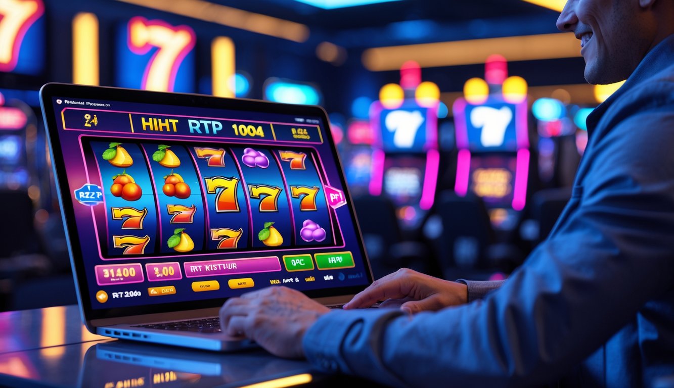 Seseorang bermain permainan slot online dengan layar komputer menampilkan mesin slot berwarna cerah di lingkungan permainan yang modern dan terang.
