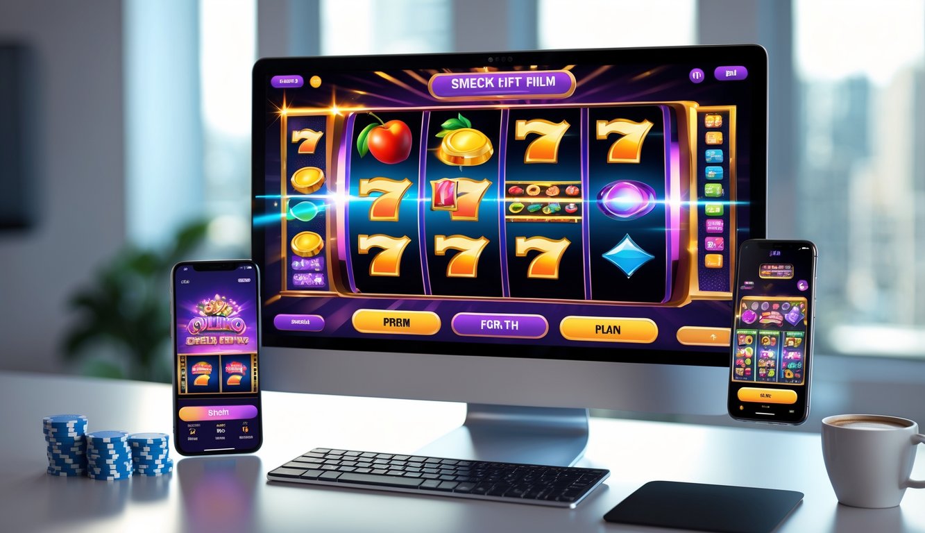 Layar komputer menampilkan permainan slot online dengan simbol berwarna-warni di meja kerja modern.