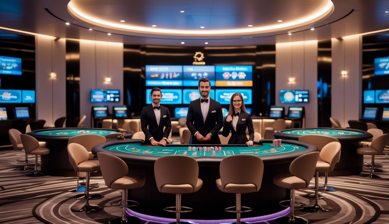 Suasana kasino langsung yang modern dengan meja permainan, dealer profesional, dan layar digital di studio yang terang dan rapi.