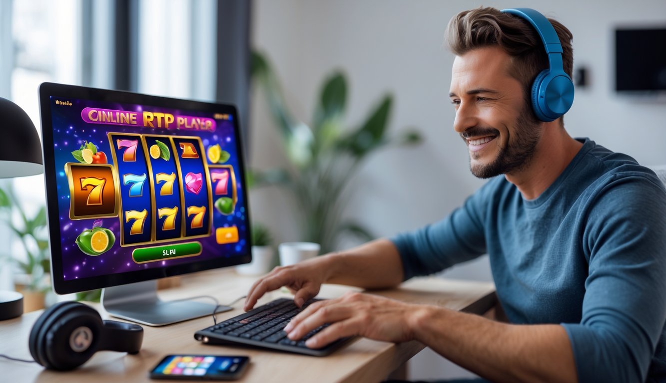 Seorang pemain dewasa sedang bermain permainan slot online di komputer dengan layar menampilkan simbol slot yang berwarna-warni di ruangan yang terang dan rapi.
