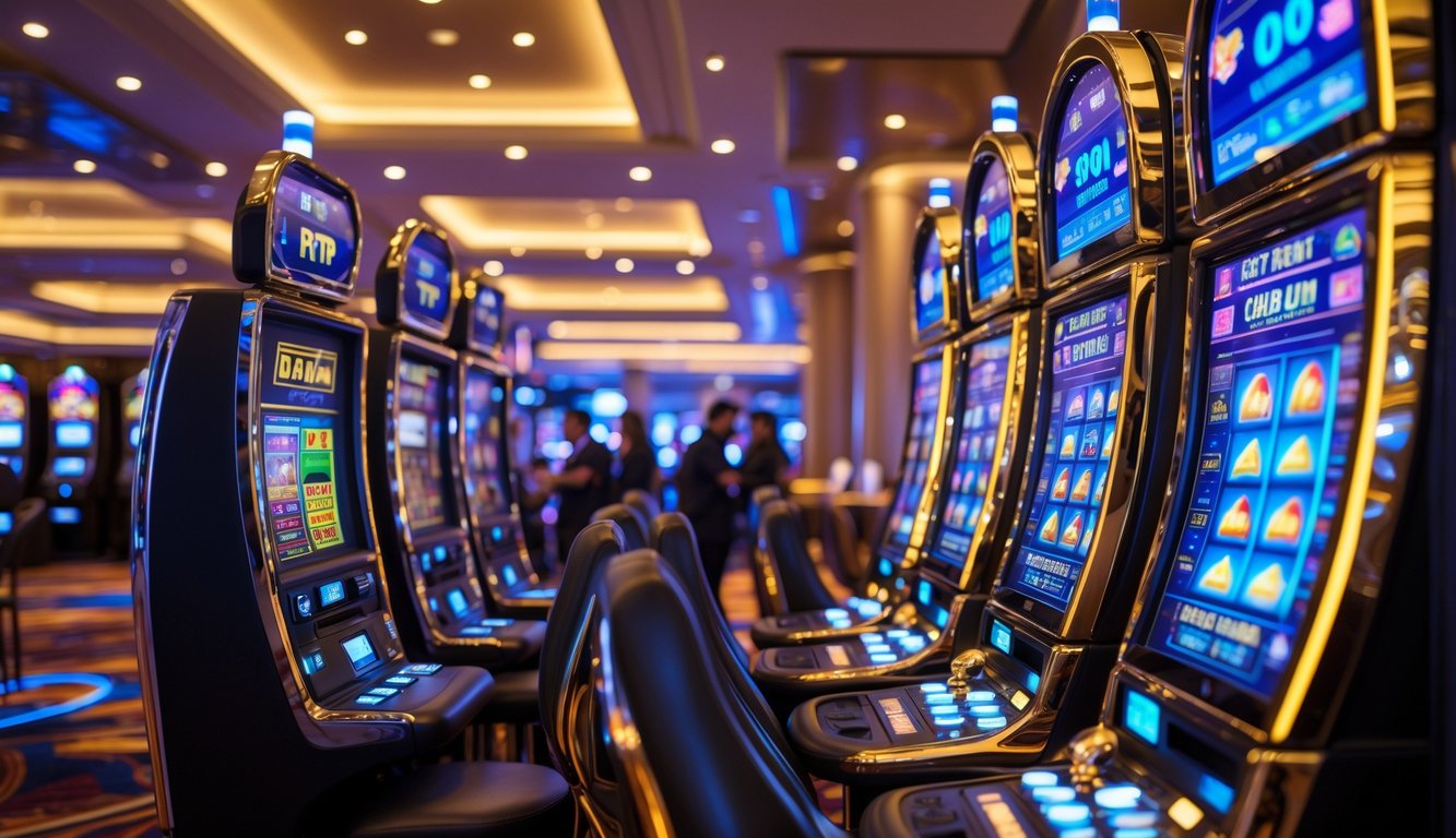 Suasana kasino modern dengan mesin slot yang menyala dan grafik digital yang menunjukkan persentase RTP tinggi.