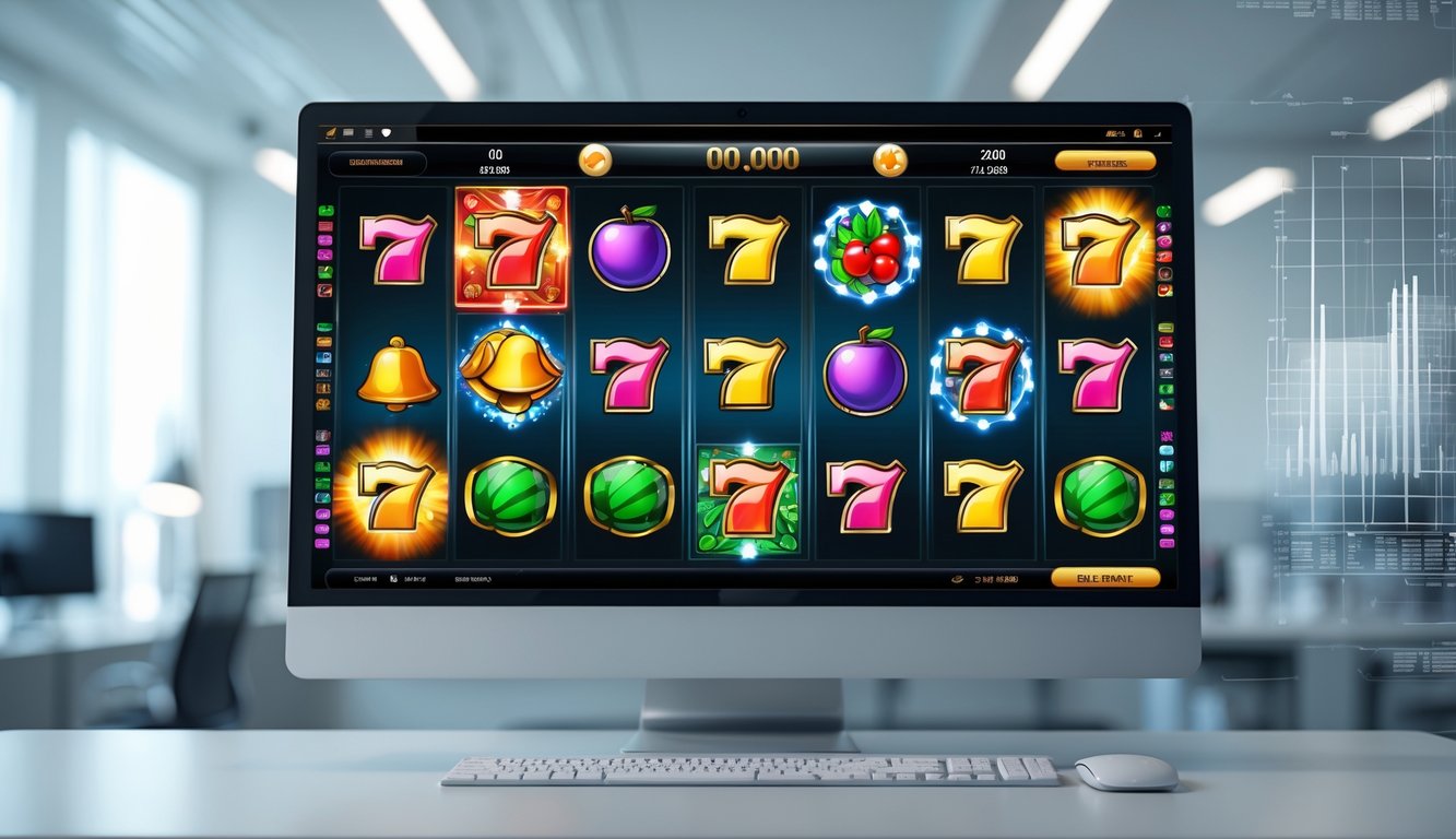 Layar komputer menampilkan permainan slot online dengan simbol warna-warni di lingkungan kantor modern yang bersih.