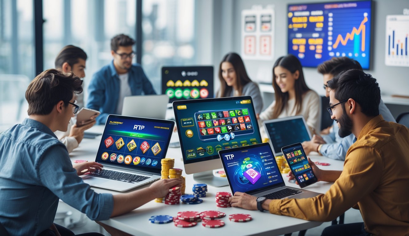 Sekelompok orang muda menggunakan perangkat digital untuk bermain permainan kasino di ruang kerja modern.