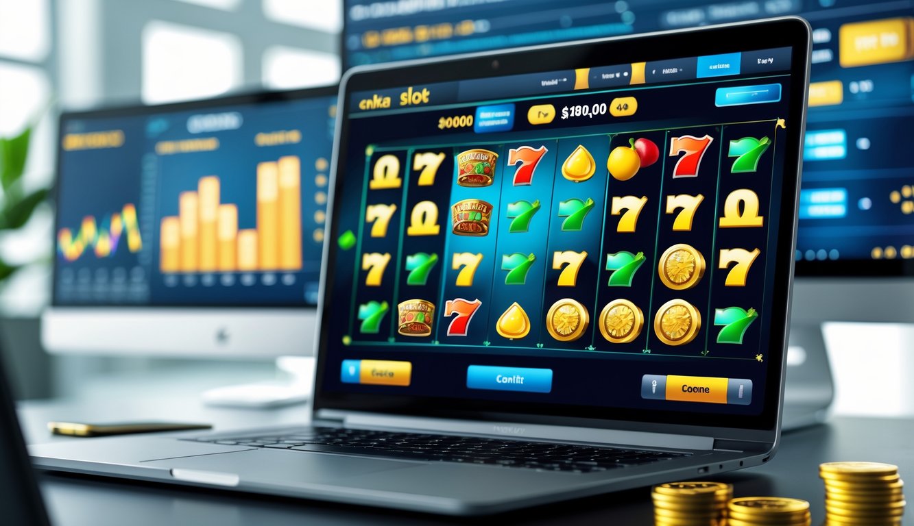 Layar laptop menampilkan mesin slot online dengan simbol warna-warni di meja kerja modern.