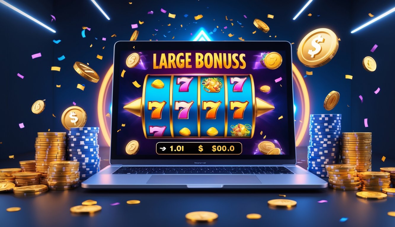 Layar komputer menampilkan permainan slot online dengan simbol berwarna cerah dan tumpukan chip kasino di sekitarnya.