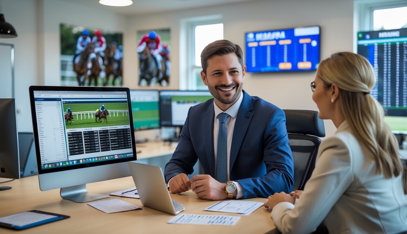 Seorang agen judi pacuan kuda yang percaya diri sedang bekerja di kantor modern dengan layar komputer menampilkan data pacuan kuda.