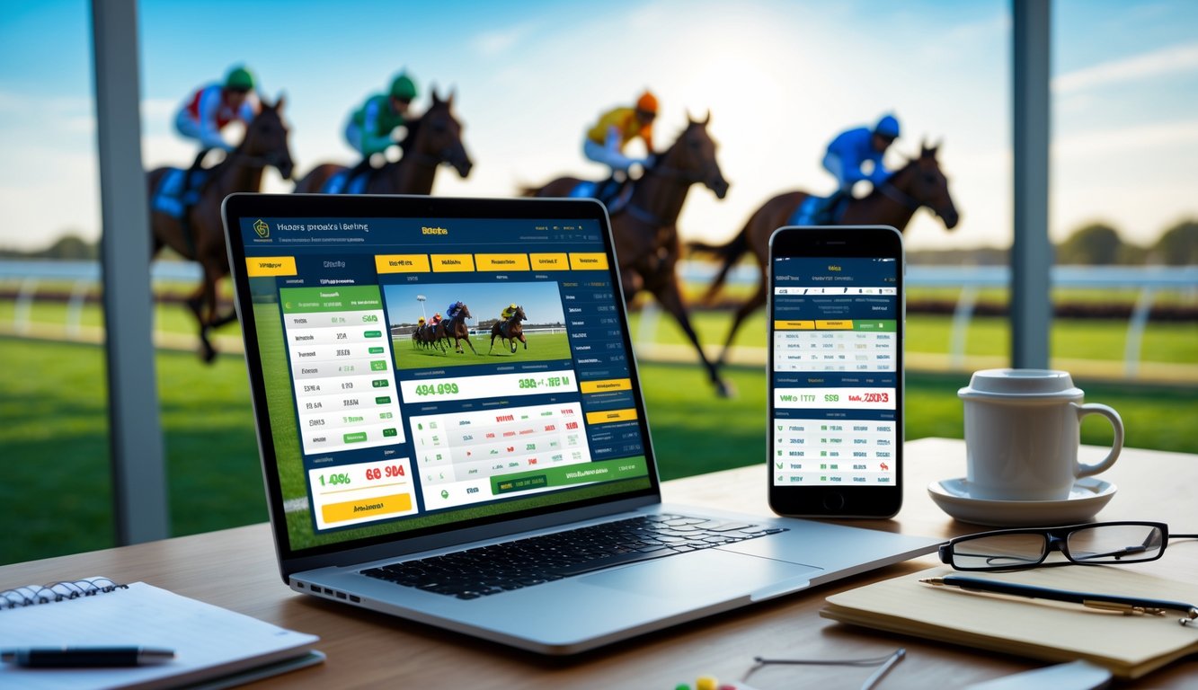 Seorang profesional menggunakan laptop dan ponsel untuk memasang taruhan pacuan kuda online dengan latar belakang pacuan kuda yang sedang berlangsung.