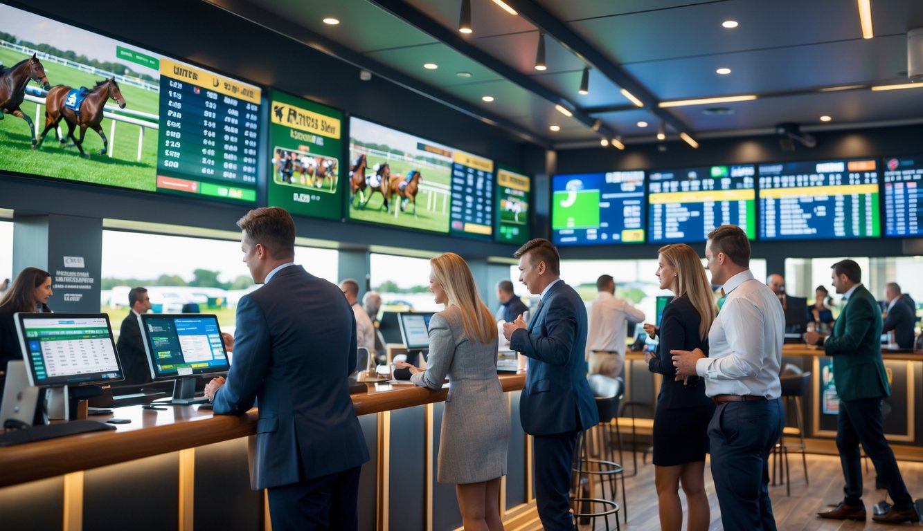 Orang-orang sedang memasang taruhan dan menonton balapan kuda di sebuah agen taruhan dengan layar besar dan suasana sibuk.