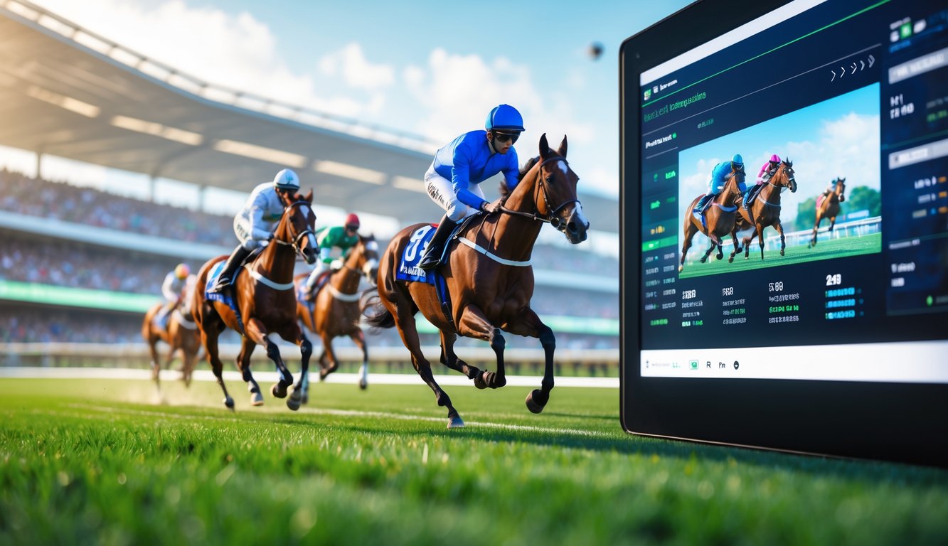 Layar digital menampilkan balapan kuda virtual dengan joki dan kuda yang berlari di lintasan, latar belakang stadion dengan penonton menonton balapan.