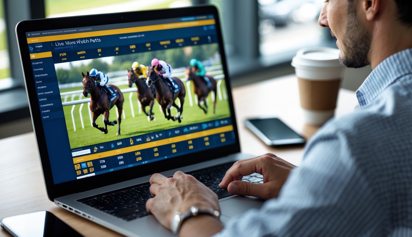 Seseorang sedang menggunakan komputer untuk memasang taruhan langsung pada balapan kuda secara online.