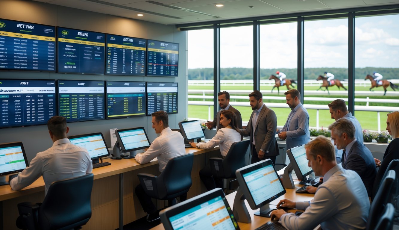 Suasana di kantor agen judi pacuan kuda dengan pelanggan yang sedang memasang taruhan dan layar digital menampilkan informasi pacuan kuda.