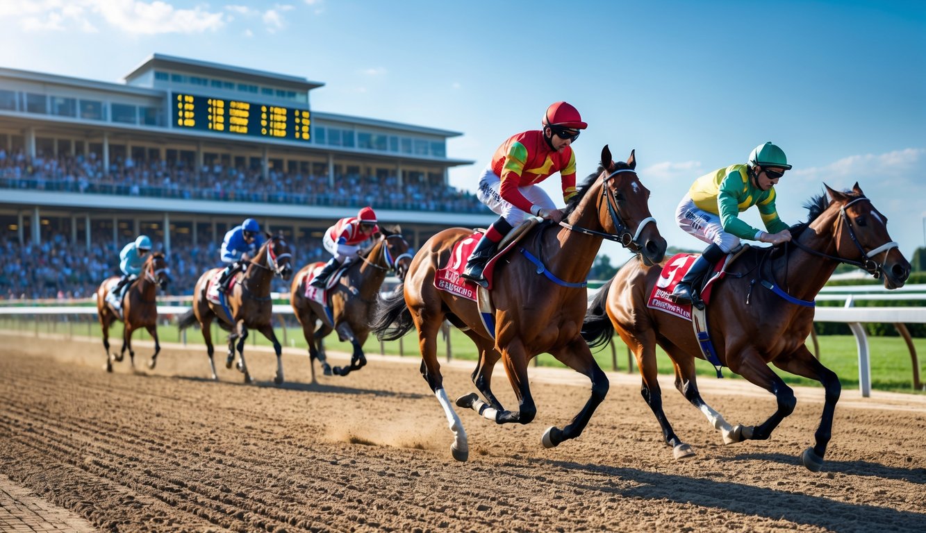 Beberapa kuda pacuan dengan joki berwarna-warni sedang berlari kencang di lintasan pacuan kuda dengan tribun penuh penonton di latar belakang.