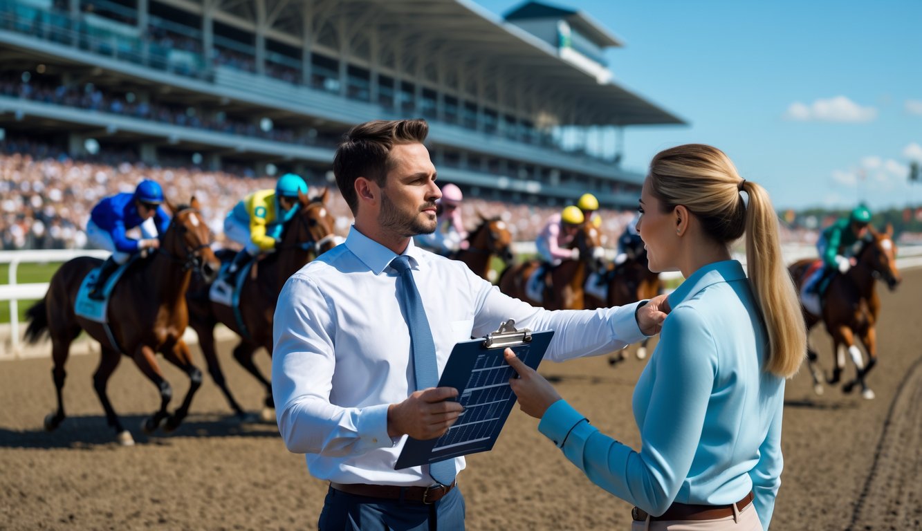 Dua orang berdiri di lintasan pacuan kuda sambil mengamati kuda-kuda pacu yang sedang berlari dengan latar tribun penonton.