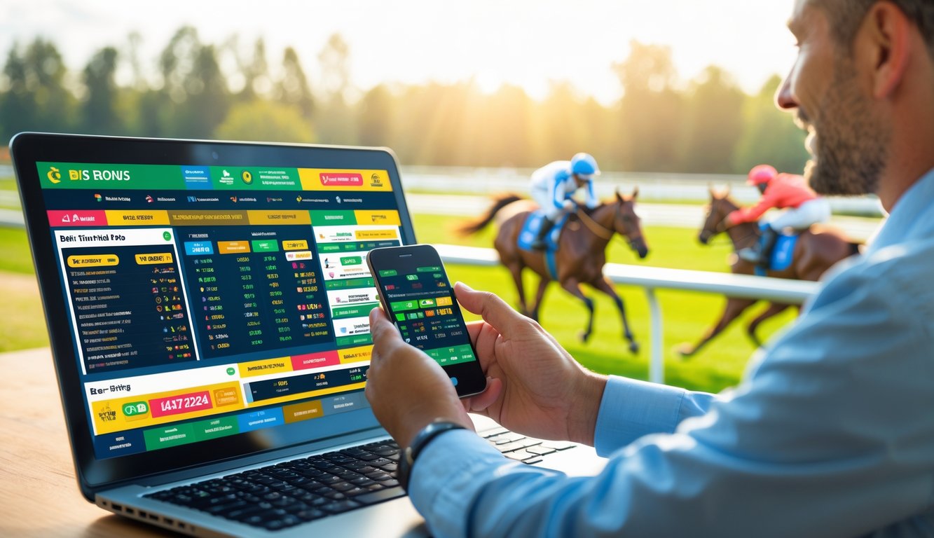 Seorang pria menggunakan laptop dan ponsel untuk memasang taruhan pada balapan kuda yang sedang berlangsung di latar belakang.