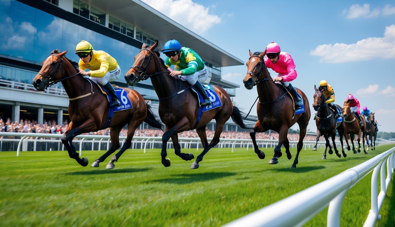 Beberapa kuda pacuan dengan joki sedang berlari cepat di lintasan pacuan kuda dengan penonton di latar belakang.