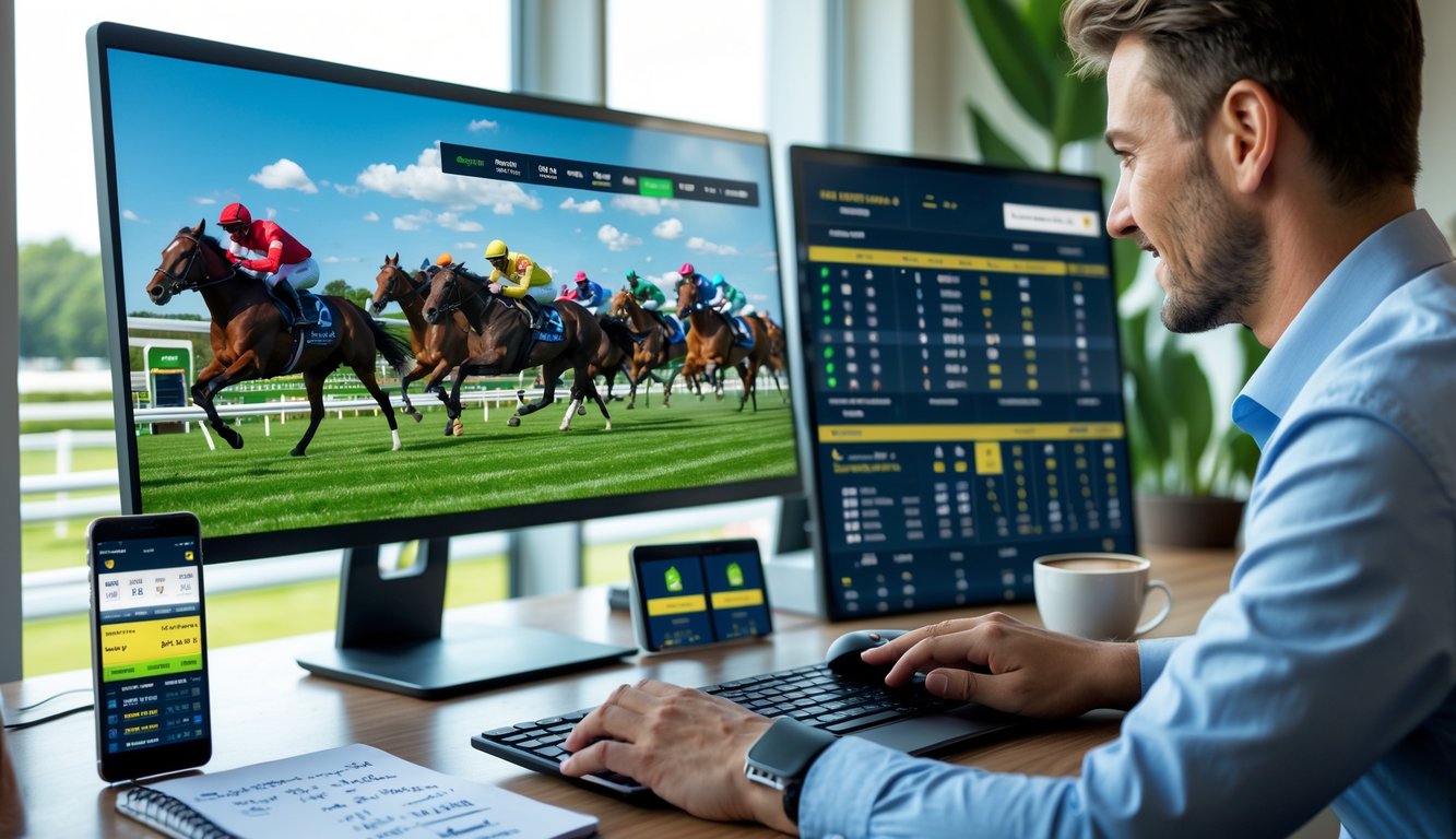 Seseorang duduk di depan komputer yang menampilkan balapan kuda secara online dengan suasana kerja yang rapi dan terang.