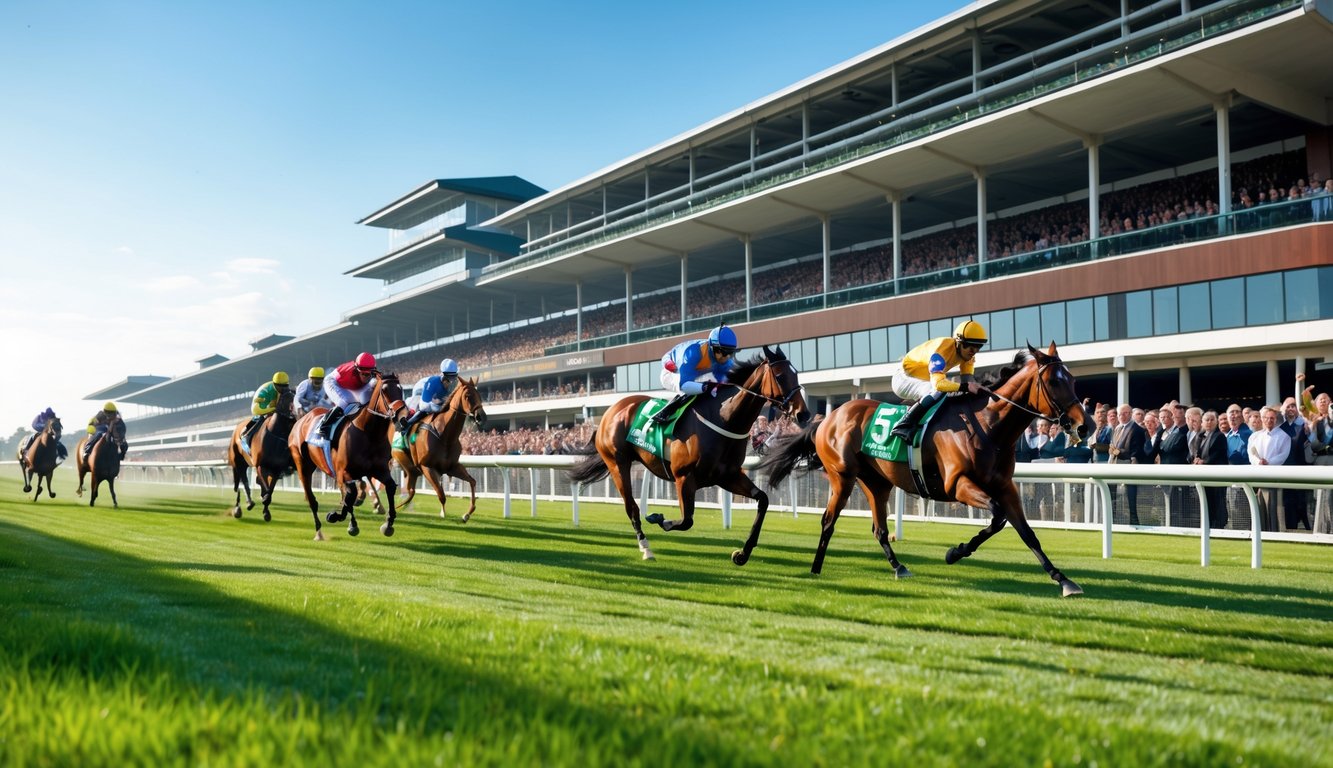 Beberapa kuda pacuan berlari cepat di lintasan balap dengan joki mengenakan pakaian warna-warni dan penonton di tribun latar belakang.