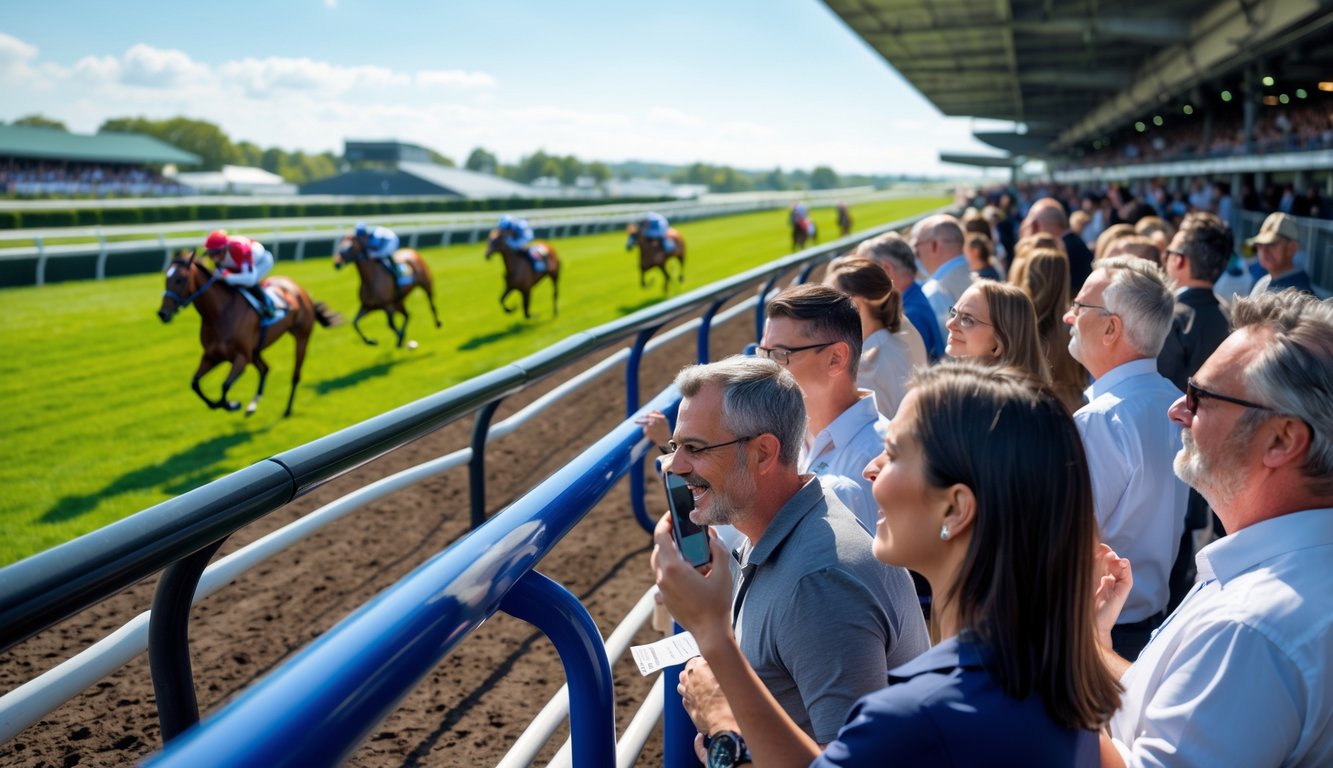 Sejumlah orang sedang menonton dan memasang taruhan pada pacuan kuda yang sedang berlangsung di lintasan balap.