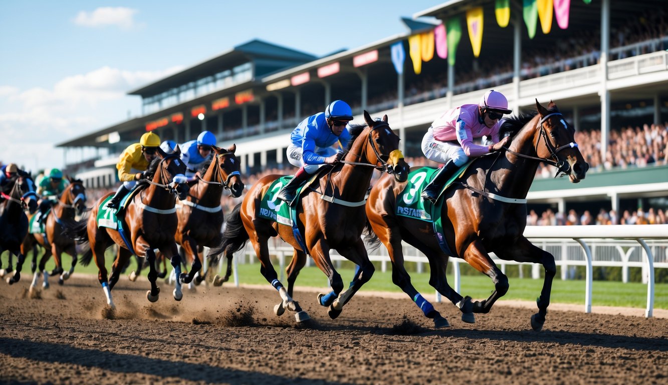 Balapan kuda di lintasan dengan joki mengenakan pakaian berwarna-warni dan penonton ramai di tribun.