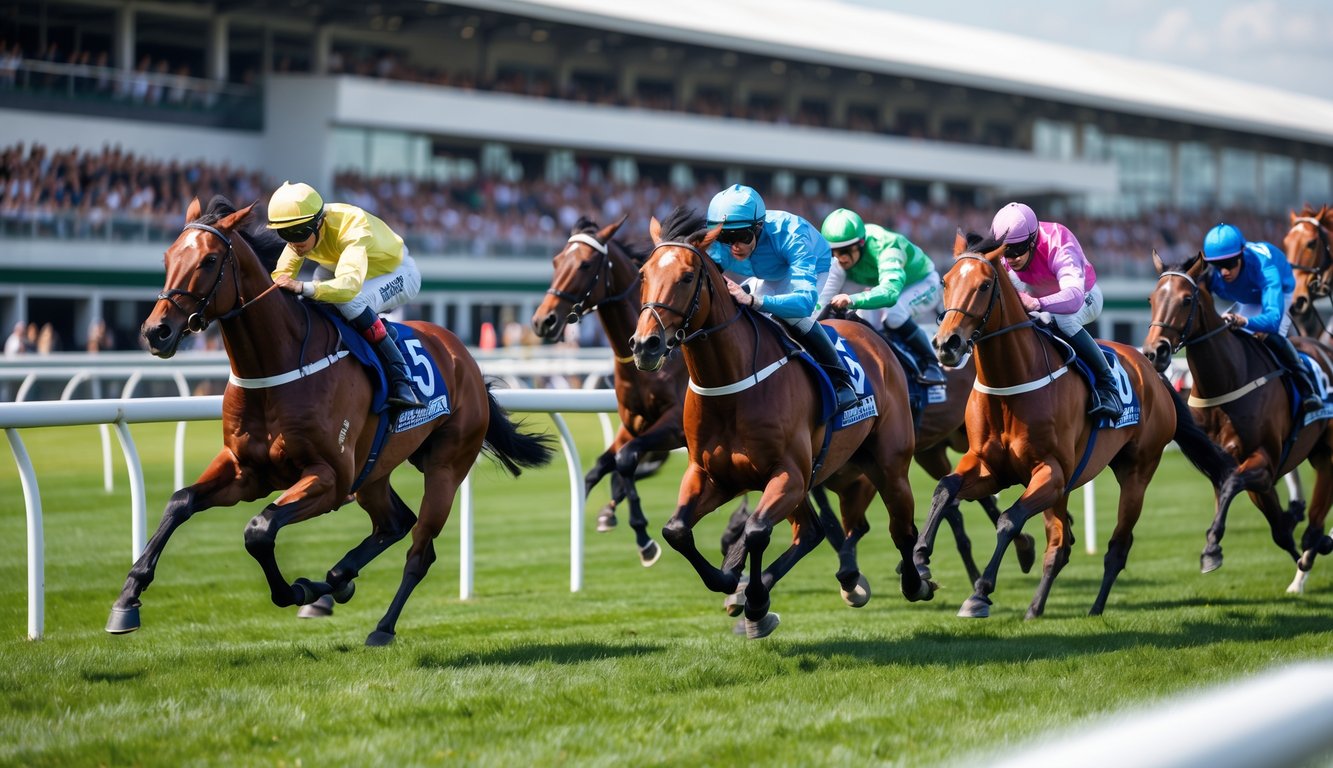 Lomba pacuan kuda dengan beberapa kuda dan joki yang sedang berlari di lintasan dengan penonton di tribun.