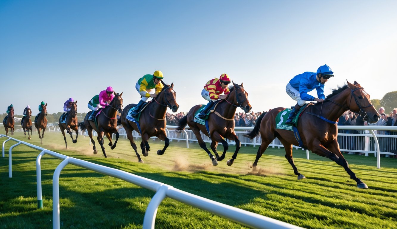 Beberapa kuda pacuan sedang berlari cepat di lintasan dengan joki mengenakan pakaian berwarna-warni, di depan kerumunan penonton yang menyaksikan perlombaan.