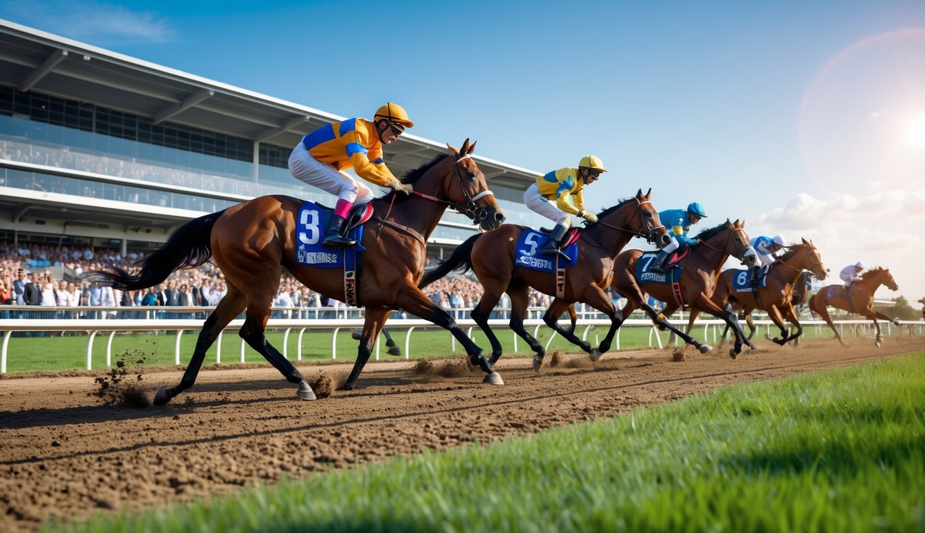 Lomba pacuan kuda sedang berlangsung dengan beberapa joki menunggangi kuda cepat, di depan sekelompok orang yang sedang memasang taruhan menggunakan perangkat digital di sebuah arena pacuan kuda.
