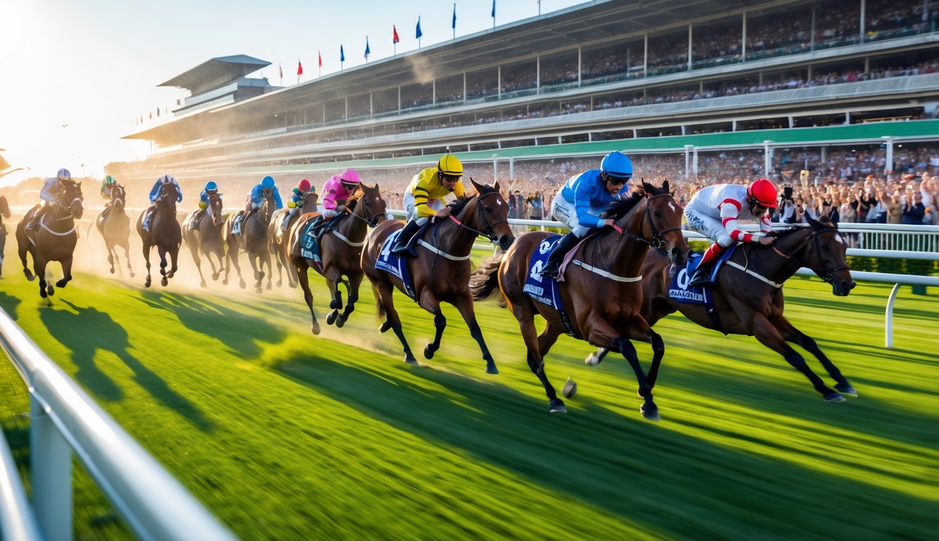 Balapan kuda di lintasan pacuan dengan kuda-kuda berlari cepat dan penonton ramai di tribun.