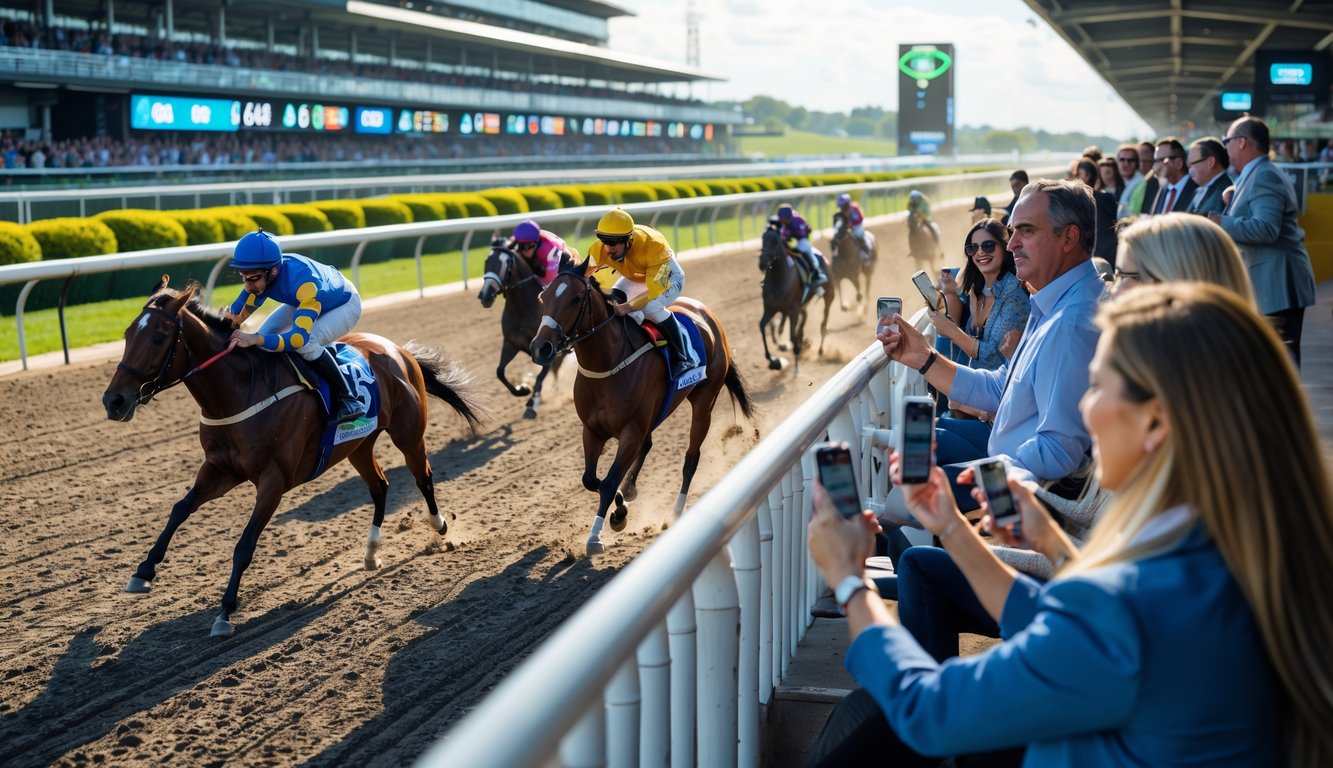 Sejumlah kuda pacuan sedang berlari kencang di lintasan dengan penonton yang antusias menyaksikan dan memasang taruhan.