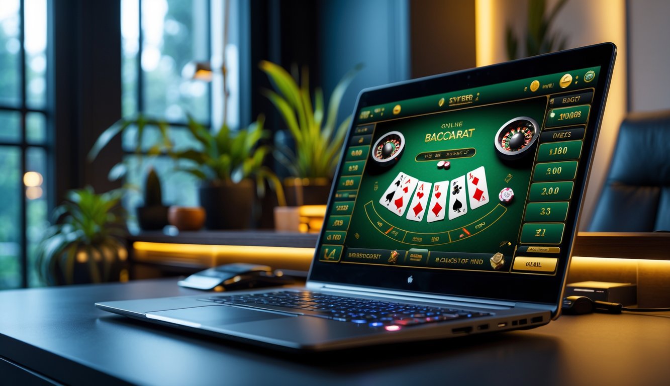 Seseorang sedang bermain baccarat online di komputer di ruangan yang nyaman dan modern.