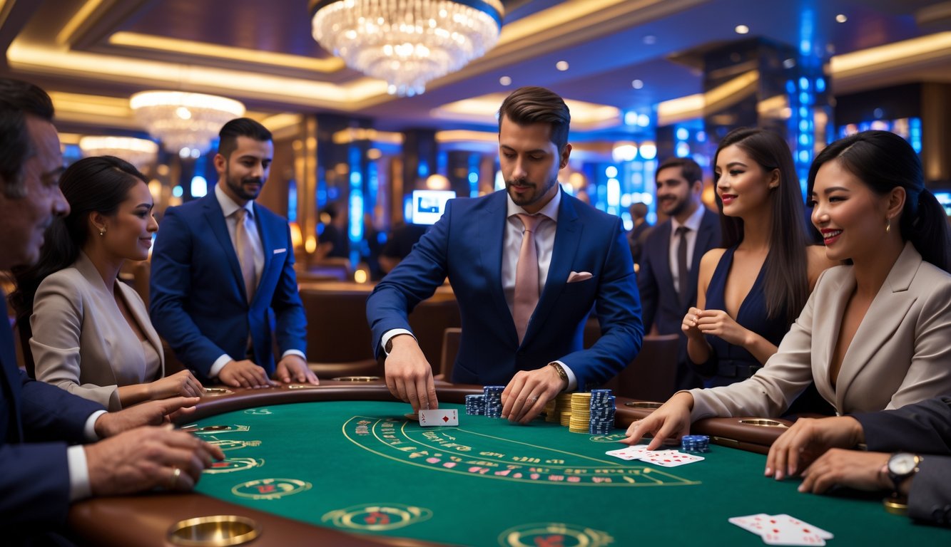 Suasana permainan baccarat langsung di kasino mewah dengan dealer dan pemain yang sedang bermain di meja hijau.