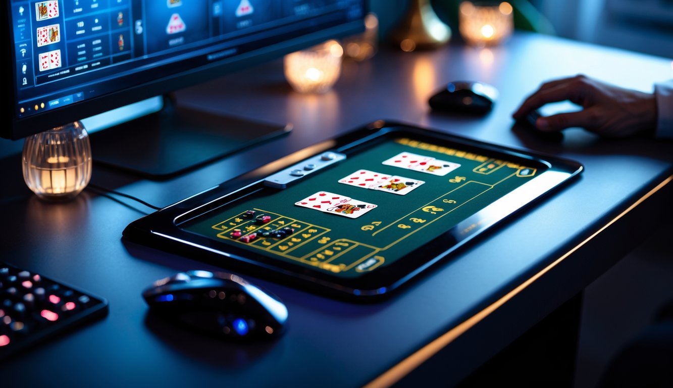 Meja permainan baccarat online dengan layar komputer menampilkan kartu dan chip, di lingkungan yang rapi dan terang.