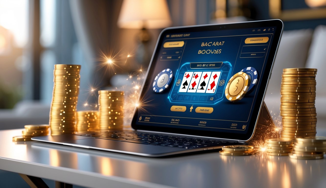 Seorang pemain menggunakan laptop untuk bermain baccarat online dengan tumpukan chip poker dan koin emas di sekitar perangkat.