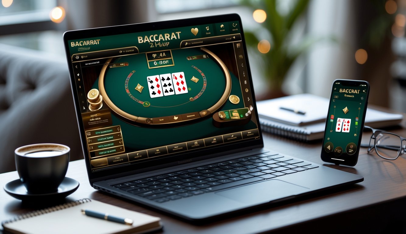 Seseorang sedang bermain baccarat online di laptop dan ponsel di meja kerja dengan suasana nyaman.