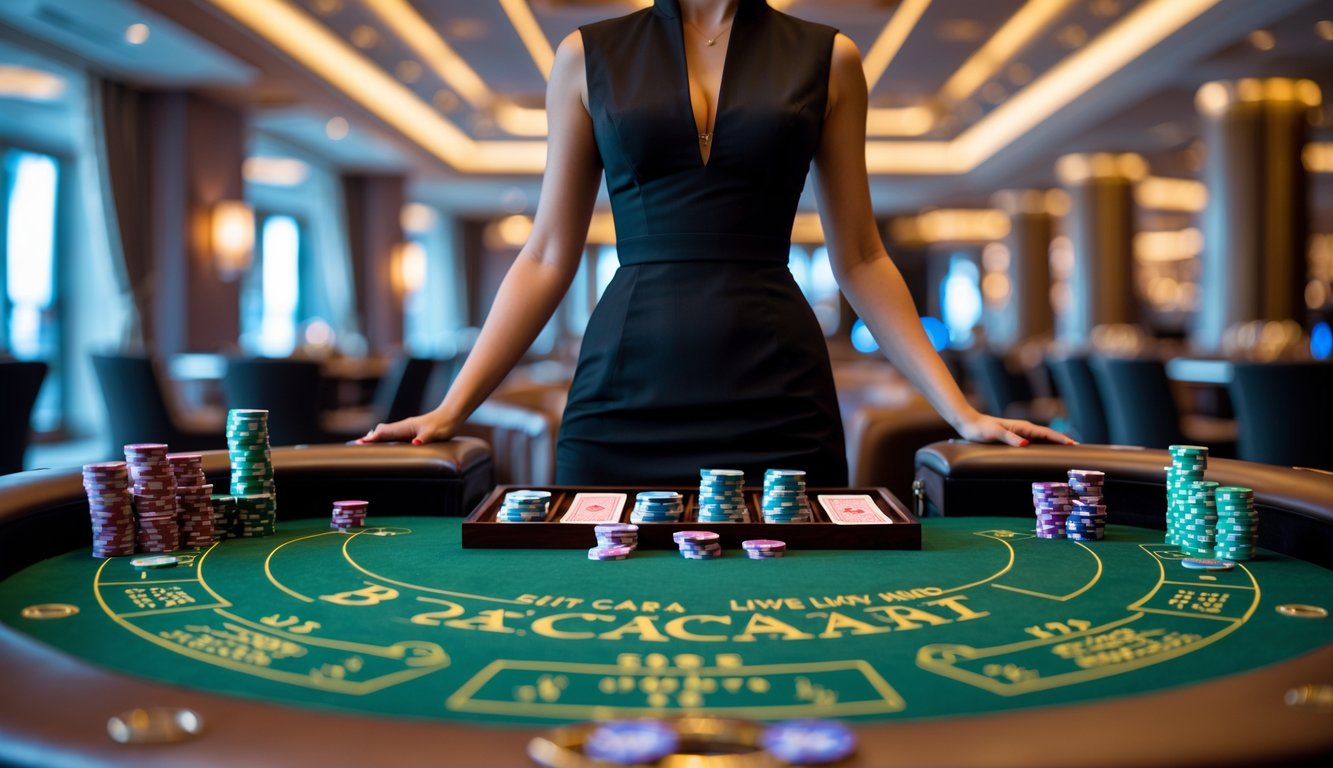 Seorang dealer wanita berdiri di belakang meja baccarat hijau di kasino yang mewah dengan kartu dan chip tertata rapi.