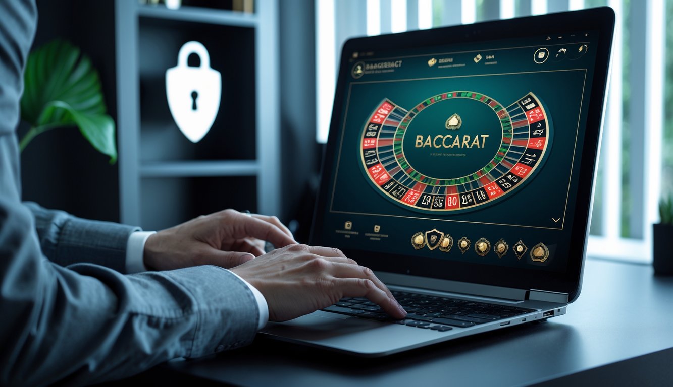 Seorang pengguna sedang bermain baccarat online di laptop di ruang kerja modern yang aman dan terpercaya.