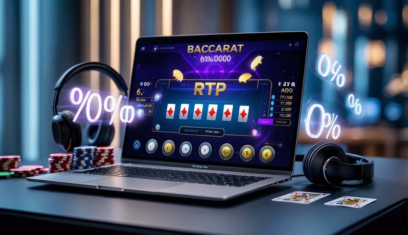 Sebuah laptop menampilkan permainan baccarat online dengan kartu dan chip, dikelilingi oleh suasana modern dan pencahayaan lembut.