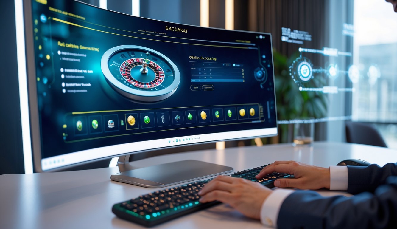 Seorang pemain sedang menggunakan komputer dengan tampilan permainan baccarat online yang modern dan canggih di meja kerja yang rapi.