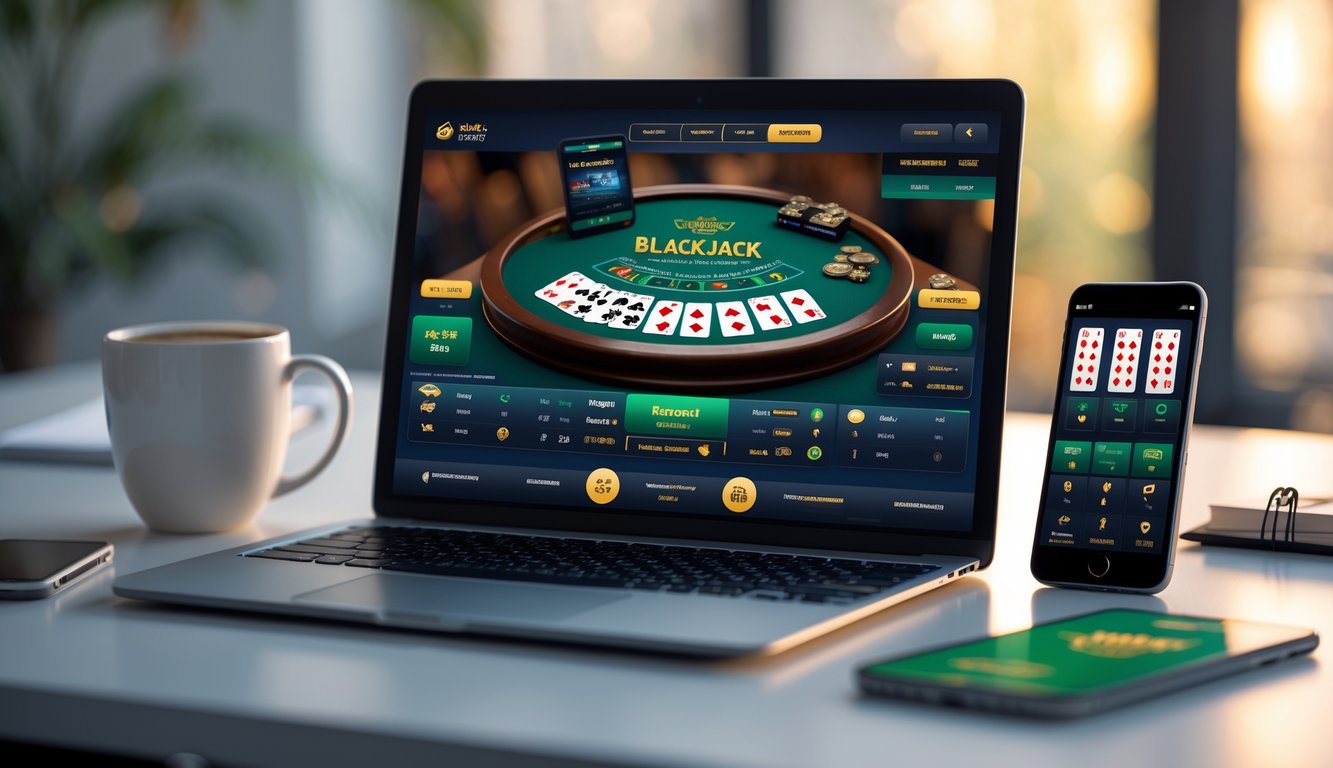 Sebuah laptop dan ponsel yang menampilkan permainan blackjack online di atas meja kerja dengan suasana nyaman.