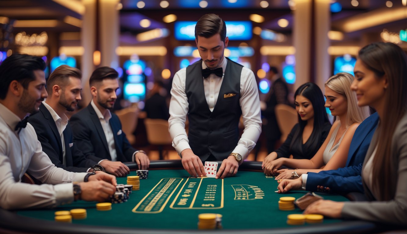 Seorang dealer dan beberapa pemain sedang bermain blackjack di meja kasino yang mewah.