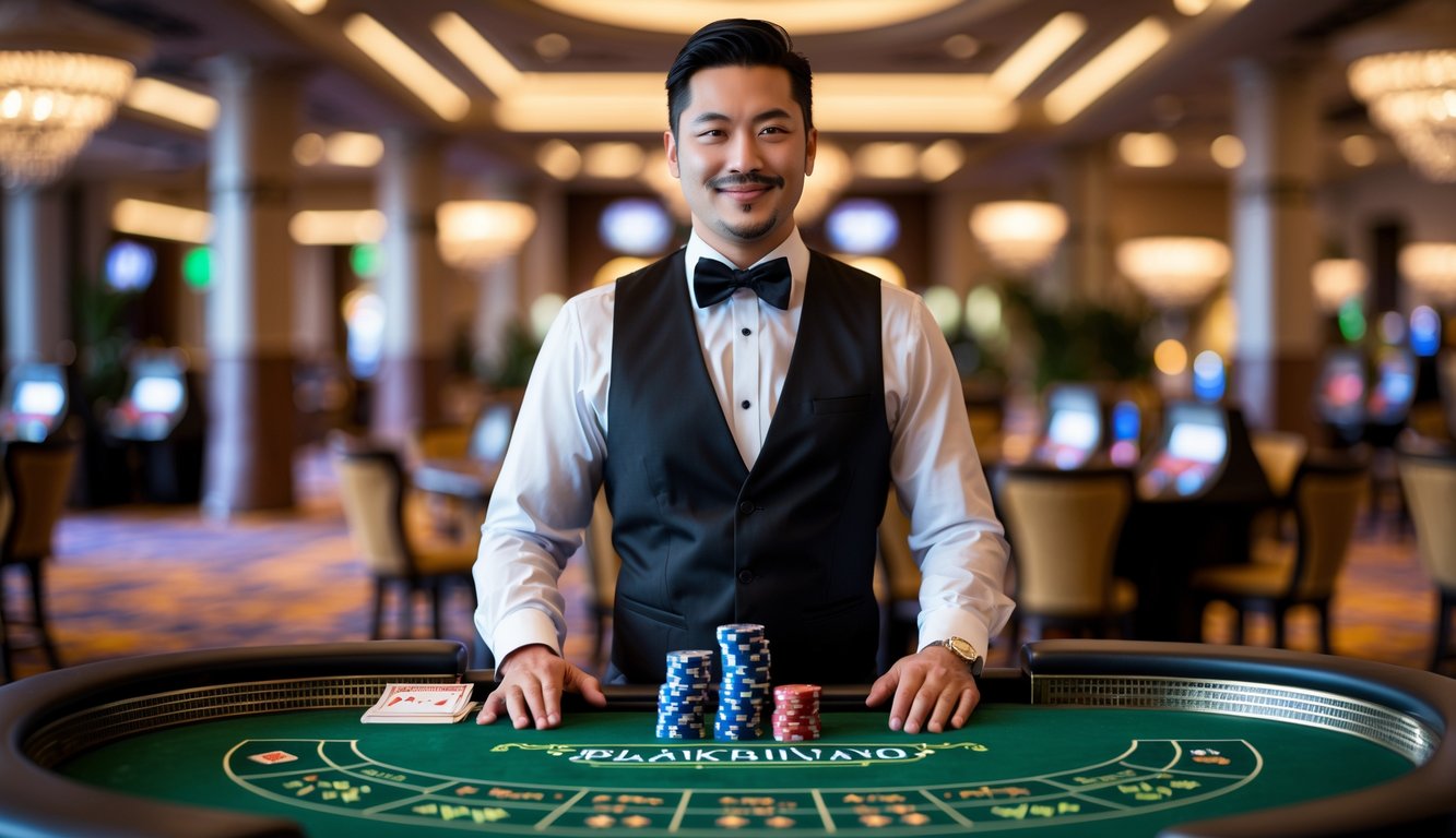 Seorang dealer blackjack profesional berdiri di belakang meja blackjack di kasino dengan kartu dan chip poker di atas meja.
