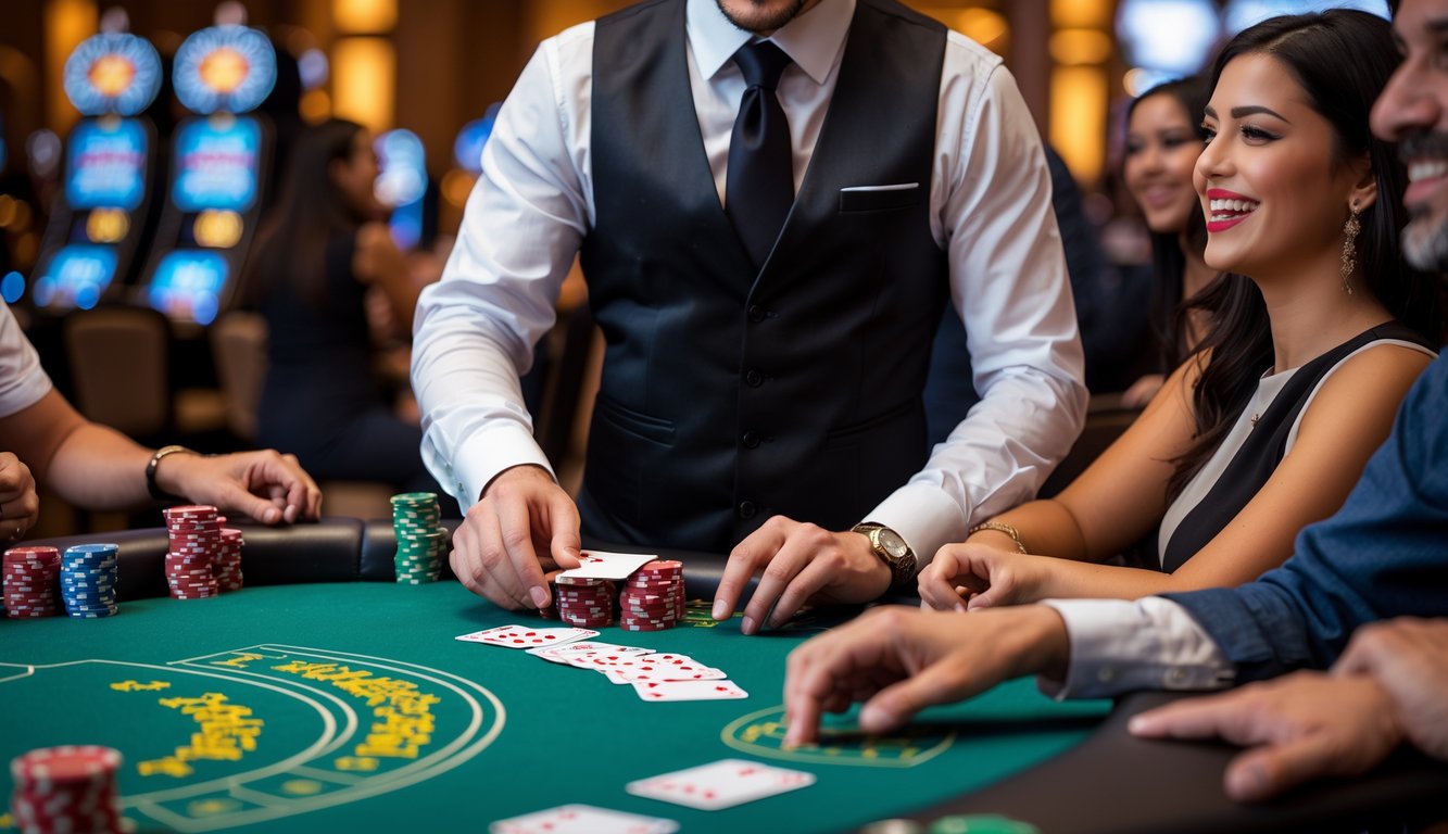 Seorang dealer dan beberapa pemain duduk di meja blackjack di kasino yang ramai dengan suasana cerah dan profesional.