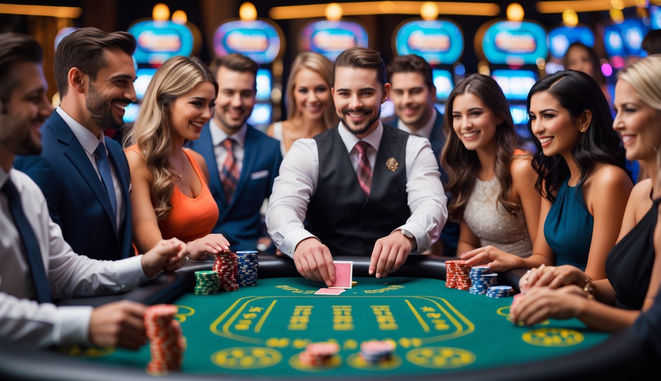 Sekelompok orang bermain blackjack di meja kasino dengan dealer yang membagikan kartu, suasana ramai dan penuh semangat.