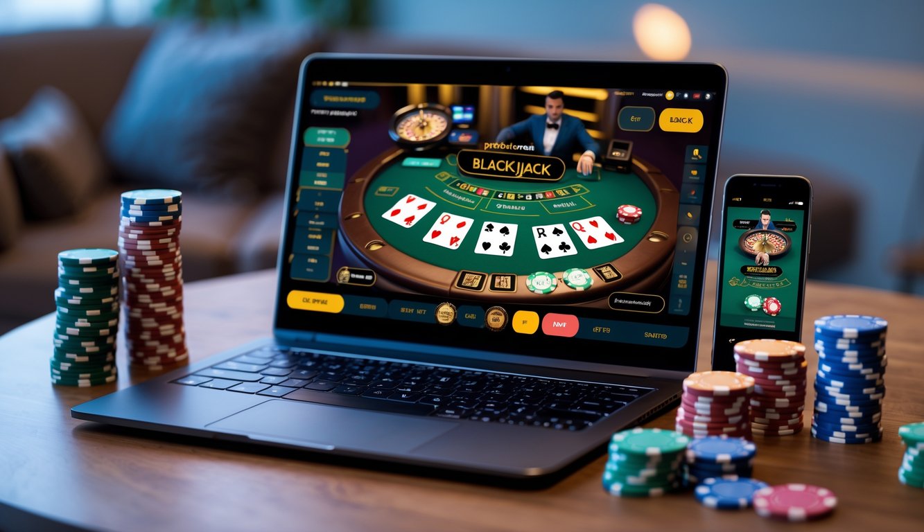 Sebuah laptop dan ponsel menampilkan permainan blackjack online dengan tumpukan chip poker di sekitarnya dalam suasana bermain yang nyaman.