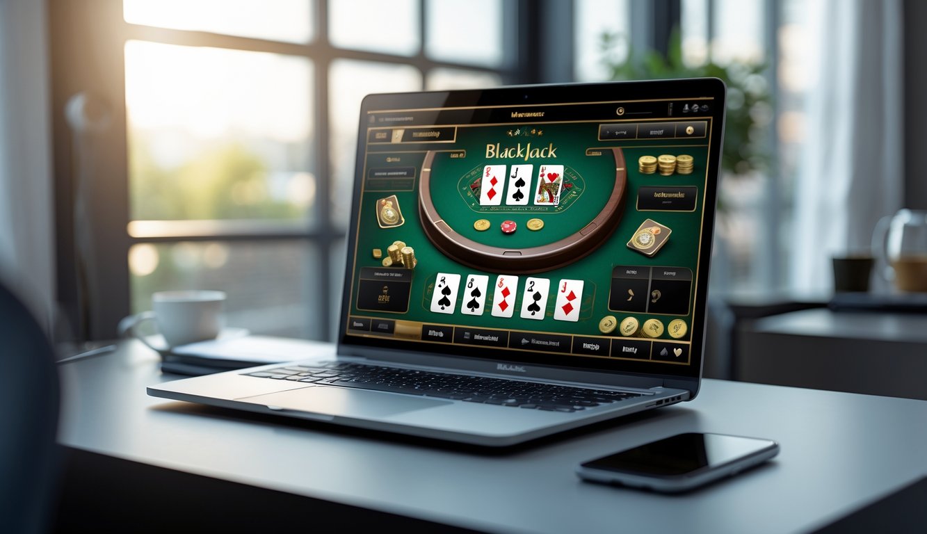 Seorang pemain menggunakan komputer dengan tampilan permainan blackjack online yang aman dan nyaman di meja kerja yang rapi.