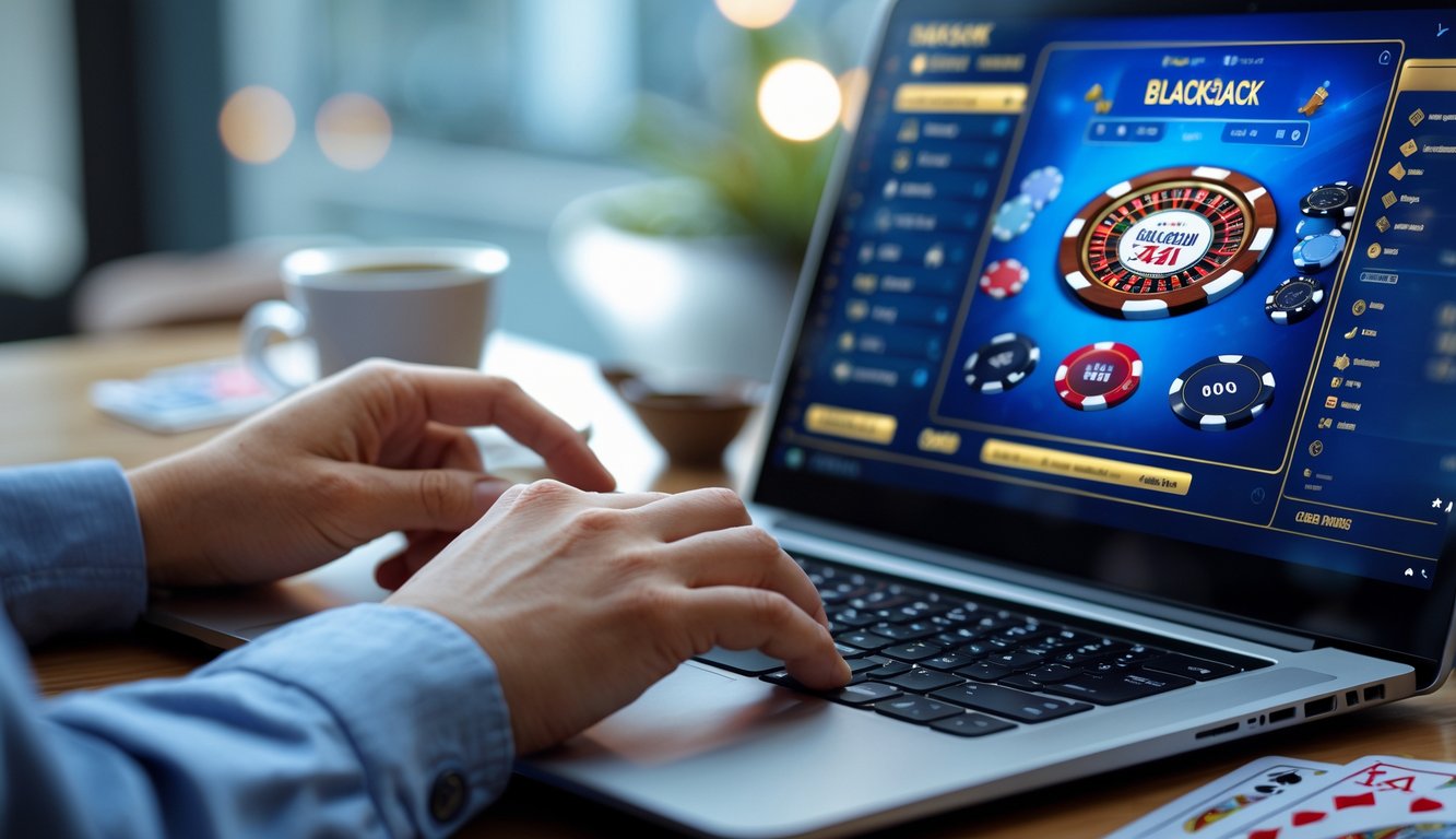 Seseorang bermain blackjack online menggunakan laptop di atas meja dengan kartu dan chip poker di sekitarnya.